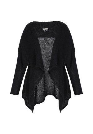 Schwarze, offene Strickjacke mit langen Ärmeln, asymmetrischem, drapiertem Saum und leichtem, etwas durchscheinendem Stoff.