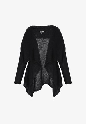 Czarny kardigan dzianinowy z otwartym przodem, długimi rękawami, drapowanym asymetrycznym dołem i lekkim, lekko przezroczystym materiałem.