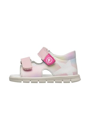 Sandalo rosa aperto per bambini con due cinturini regolabili e un disegno di una stella bianca sul lato, con una suola imbottita bianca.