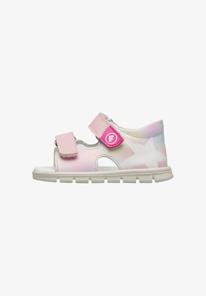 Sandalo rosa aperto per bambini con due cinturini regolabili e un disegno di una stella bianca sul lato, con una suola imbottita bianca.