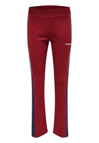 Röda träningsbyxor med en slät yta, utrustade med marinblå sidopaneler och en logotyp på låret. Elastisk midja för en bekväm passform.