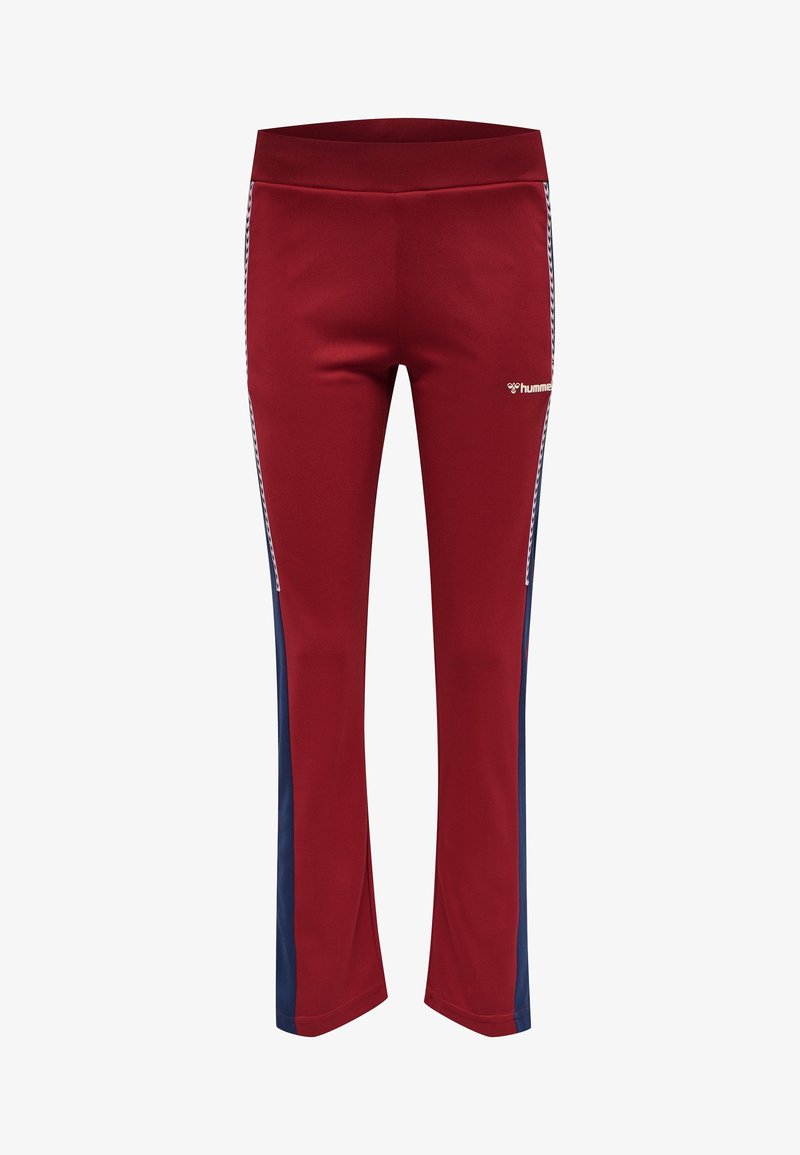 Röda träningsbyxor med en slät yta, utrustade med marinblå sidopaneler och en logotyp på låret. Elastisk midja för en bekväm passform.