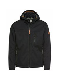 Veste softshell noire avec capuche, dotée de poches zippées, de poignets élastiques et d'accents en cuir. Conçue pour les activités de plein air.