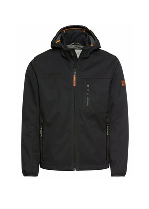 Black softshell jacket with a hood, featuring zippered pockets, elastic cuffs, and leather accents. Designed for outdoor activities.