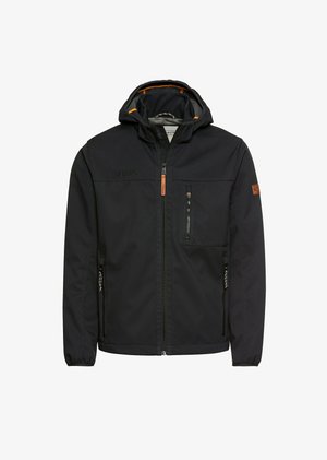Schwarze Softshell-Jacke mit Kapuze, ausgestattet mit Reißverschlusstaschen, elastischen Bündchen und Lederakzenten. Entwickelt für Outdoor-Aktivitäten.