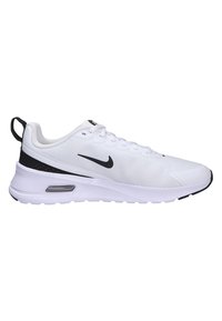 White Nike sneakers with a textured surface, black accents on the heel and logo, and a visible air unit in the sole. Lace-up design.