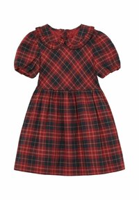Röd rutigt klänning med korta puffärmar, rund krage och volangkjol. Har mörkgröna och gyllene detaljer i mönstret.