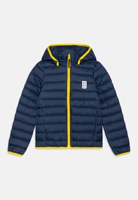 Navy Blouson mit gelb gefütterter Kapuze und Reißverschluss. Verfügt über ein gestepptes Design und ein weißes Logo auf der Brust. Inklusive elastischer Bündchen.