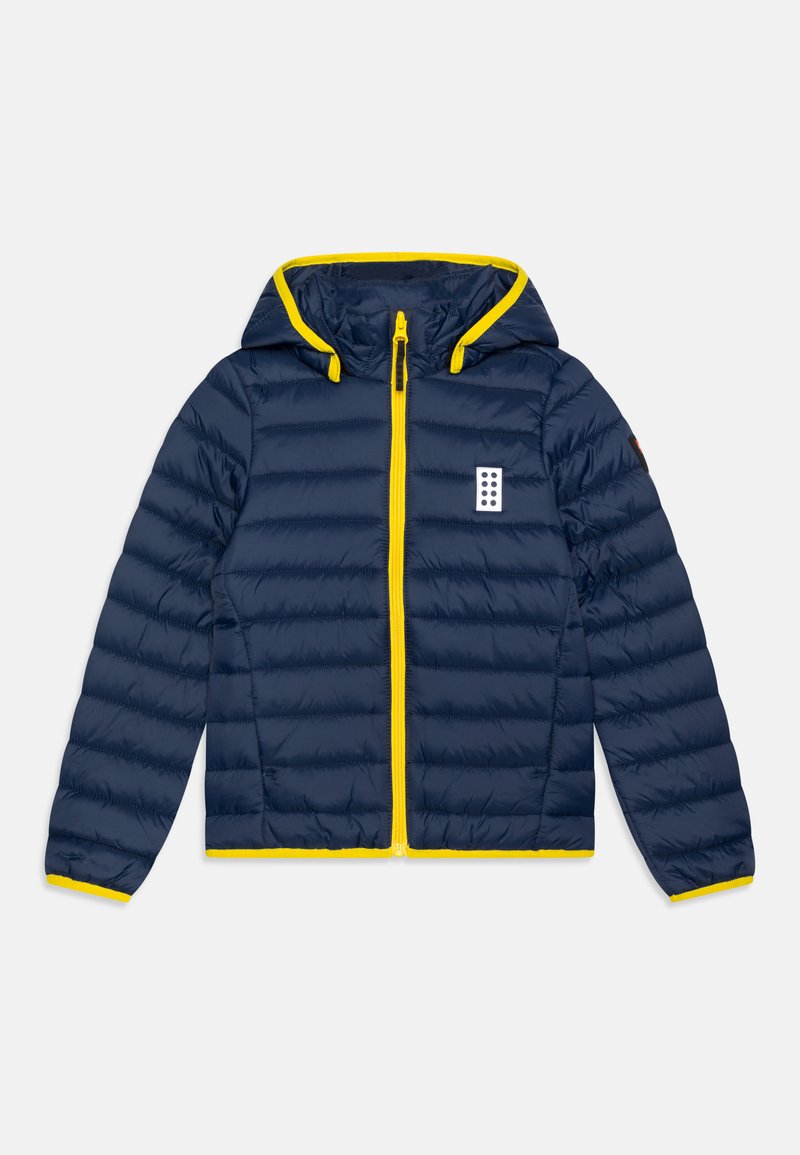 Navy Blouson mit gelb gefütterter Kapuze und Reißverschluss. Verfügt über ein gestepptes Design und ein weißes Logo auf der Brust. Inklusive elastischer Bündchen.