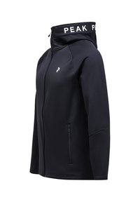 Černá sportovní bunda se zipem vpředu, kapucí a logem na límci. Obsahuje boční kapsu se zipovým uzávěrem. Hladký materiál.