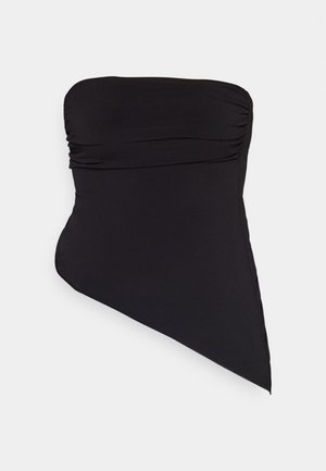 Svart en-skulder badedrakt laget av et glatt, elastisk materiale. Har samlede detaljer og et asymmetrisk hemdesign.