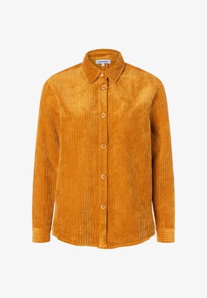 Kordhemd in verbranntem Orange, mit einer knöpfbaren Front mit fünf Holzknöpfen, einem Kragen und vertikaler Rippstruktur.