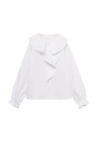 Valkoinen pitkähihainen paita, jossa on suuri pyöreä kaulus, etuosan röyhelödetalji ja nappikiinnitys. Varressa on elastiset hihat, jotka antavat tyköistuvan ilmeen.