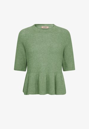 Zöld kötött rövid ujjú pulóver kerek nyakkivágással és bővülő peplum szegéllyel.