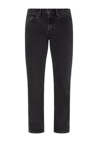 Jeans en denim noir avec une coupe droite, un design à cinq poches et une fermeture classique à bouton et zip. Texture lisse avec de légers détails décolorés.