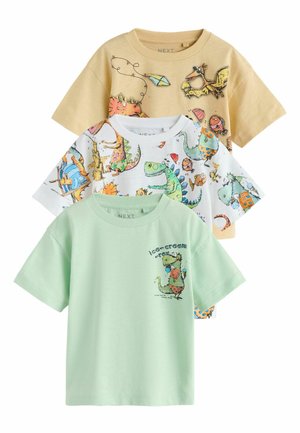 Tri krátke tričká pre deti s krátkymi rukávmi v béžovej, bielej a svetlozelenej farbe, každé s farebnými kreslenými potlačami a vzormi s témou dinosaurov.