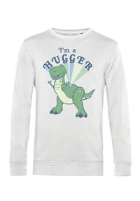Sudadera blanca con un dinosaurio verde de dibujos animados con detalles oscuros, texto que dice "Soy un ABRAZADOR" y un fondo colorido que irradia.