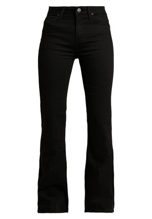 Svarte flarejeans laget av bomullsmiks. Har høy midje, standard fem-lommers design, frontknapplukking og glatt tekstur.