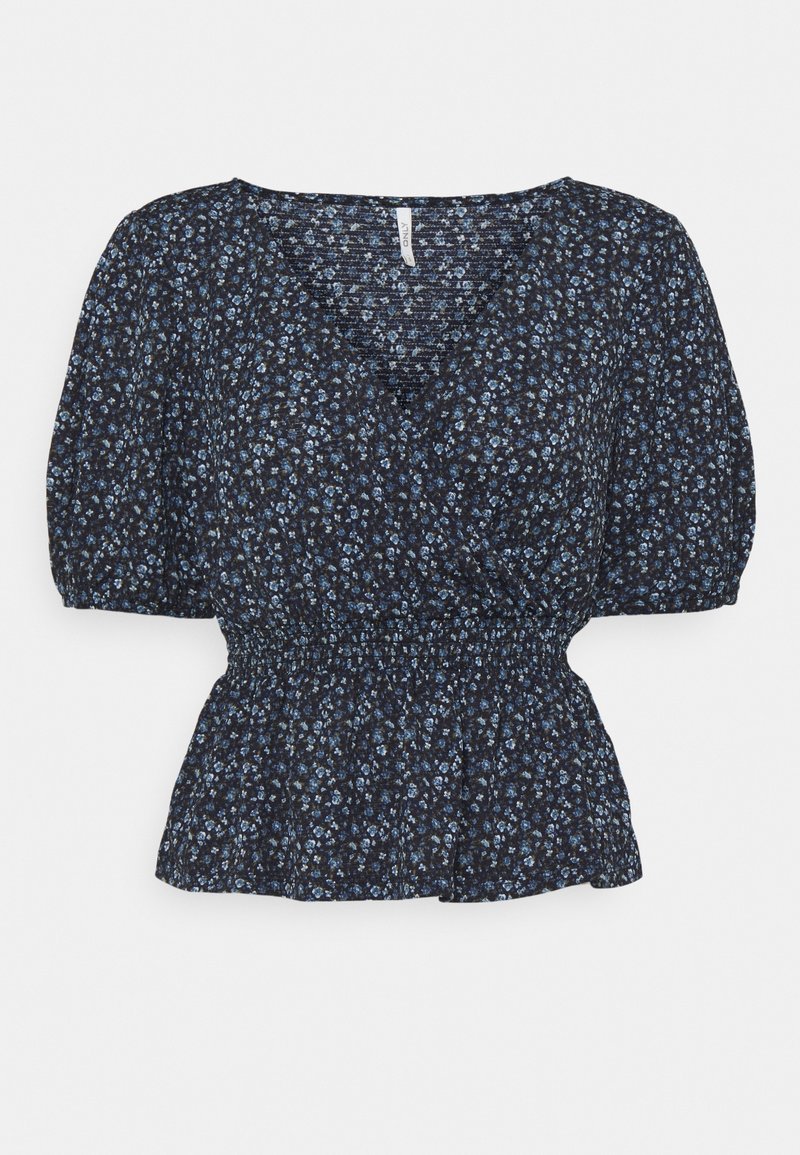 Námořnická blůza s malým modrým květinovým tiskem. Má krátké nafouknuté rukávy a elastický pás pro přiléhavý střih. V-krkový design.