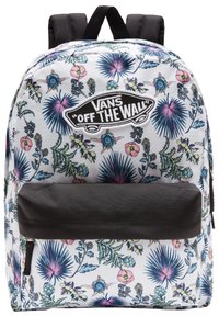 Biały plecak Vans z kolorowym kwiatowym wzorem, czarną kieszenią z przodu, wyściełanymi czarnymi szelkami oraz naszywką z logo "Vans Off The Wall".