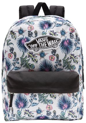 Biały plecak Vans z kolorowym kwiatowym wzorem, czarną kieszenią z przodu, wyściełanymi czarnymi szelkami oraz naszywką z logo "Vans Off The Wall".