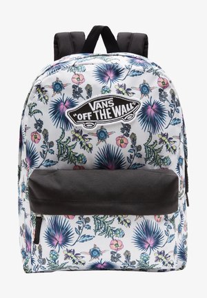 Biały plecak Vans z kolorowym kwiatowym wzorem, czarną kieszenią z przodu, wyściełanymi czarnymi szelkami oraz naszywką z logo "Vans Off The Wall".