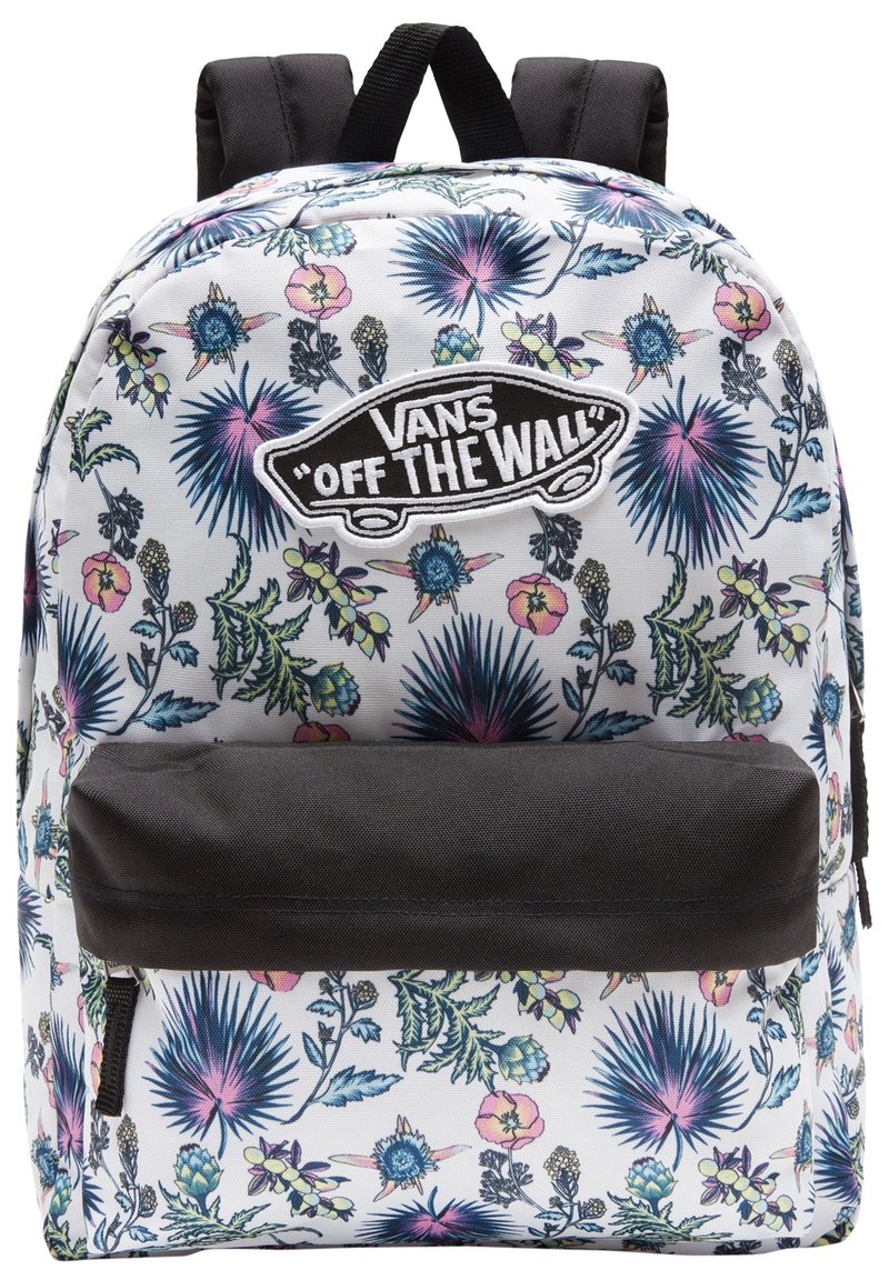 Biały plecak Vans z kolorowym kwiatowym wzorem, czarną kieszenią z przodu, wyściełanymi czarnymi szelkami oraz naszywką z logo "Vans Off The Wall".