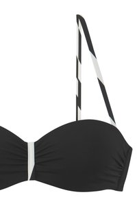 Juodas bandeau bikini liemenėlė su baltai juodomis reguliuojamomis pečių juostomis ir viduriniu akcentu.