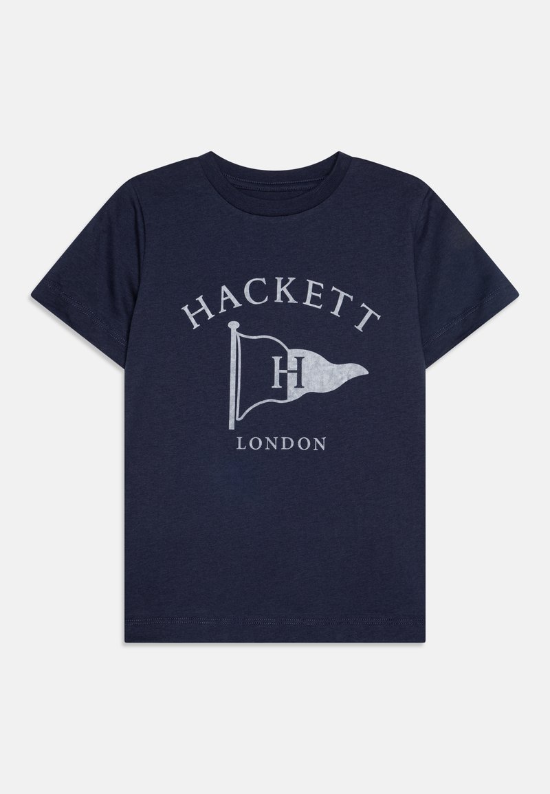 Navy blue cotton t-shirt featuring a white graphic of a flag with "HACKETT" and "LONDON" text, round neckline, and short sleeves.