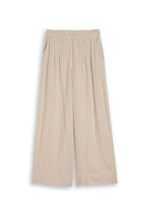 Pantalon beige à jambes larges avec fines rayures verticales, devant plissé et poches latérales, présenté à plat sur fond blanc.