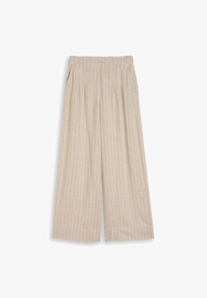 Pantalon beige à jambes larges avec fines rayures verticales, devant plissé et poches latérales, présenté à plat sur fond blanc.