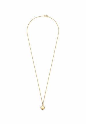 Collana placcata oro con una catena fine e un pendente a forma di cuore. Il pendente ha una superficie liscia e lucida che riflette la luce.