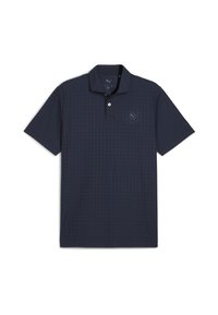 Marineblå polo-shirt lavet af tekstureret stof, med en tre-knaps stolpe og et lille logo på venstre bryst. Korte ærmer.
