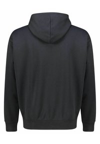 Felpa nera con cappuccio, dalla texture liscia, caratterizzata da una tasca a marsupio, polsini e orlo a costine. Vista posteriore semplice, senza loghi o motivi visibili.