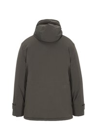 Chaqueta de invierno con capucha gris oscuro y mangas largas vista desde atrás sobre un fondo blanco.