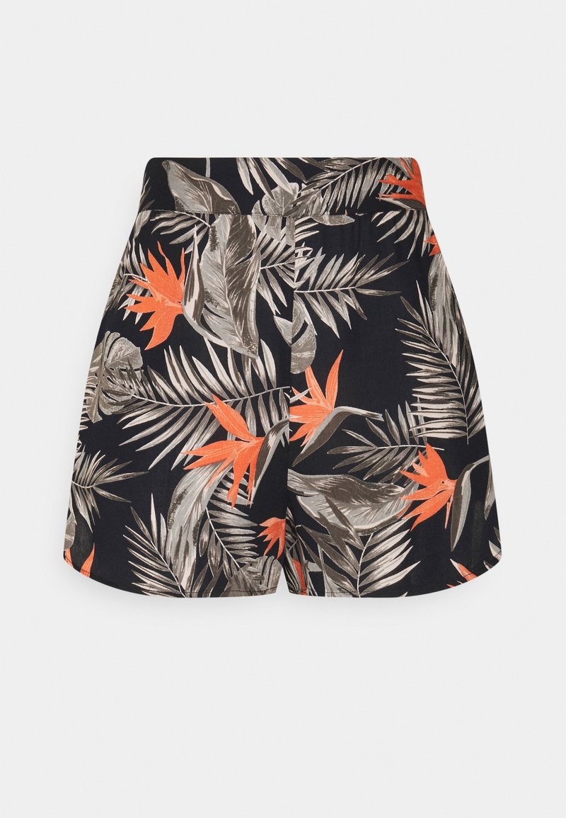Shorts noirs taille haute avec imprimé de feuilles tropicales et fleur d'oiseau de paradis orange, comprenant une couture frontale et une coupe ajustée.