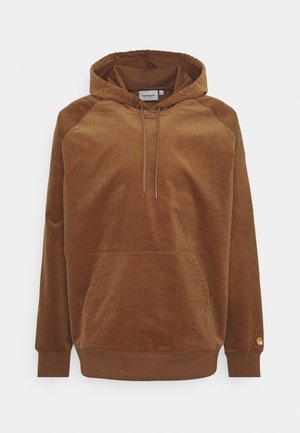 Braunes Cord-Kapuzen-Sweatshirt mit Kängurutasche und Kordelzug an der Kapuze, mit gerippten Bündchen und Saum.