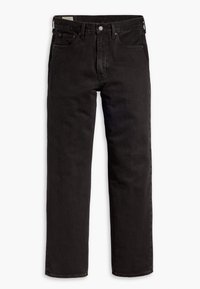 Jean noir droit avec poches avant et arrière, passants de ceinture, et fermeture par bouton et fermeture éclair.