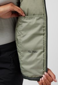 Interno di una giacca a vento con un rivestimento verde oliva chiaro, dotato di una tasca con zip e la scritta "ALLIED FEATHER + DOWN 700".