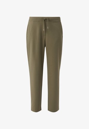 Olivgrüne, zulaufende Hose aus weichem Stoff mit Kordelzugbund, seitlichen Taschen und glatter Textur.