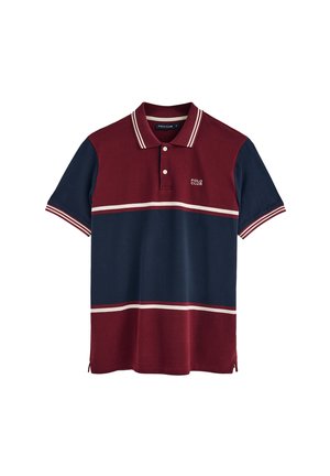 Poloshirt in Kastanienbraun und Marineblau, mit horizontalen Streifen, einem Kragen und weißen Akzentstreifen an den Ärmeln. Logo auf der linken Brust.