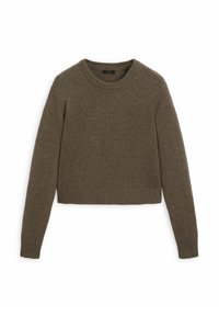 Maglione marrone lavorato a maglia con scollo rotondo, polsini e orlo a coste. Design corto con una texture morbida, adatto per essere indossato a strati.