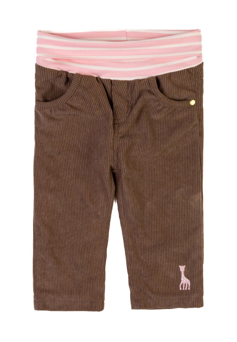 Pantaloni in velluto a coste marroni con una cintura elastica a righe rosa e bianche, dotati di due tasche frontali e un logo di giraffa rosa sulla gamba sinistra.