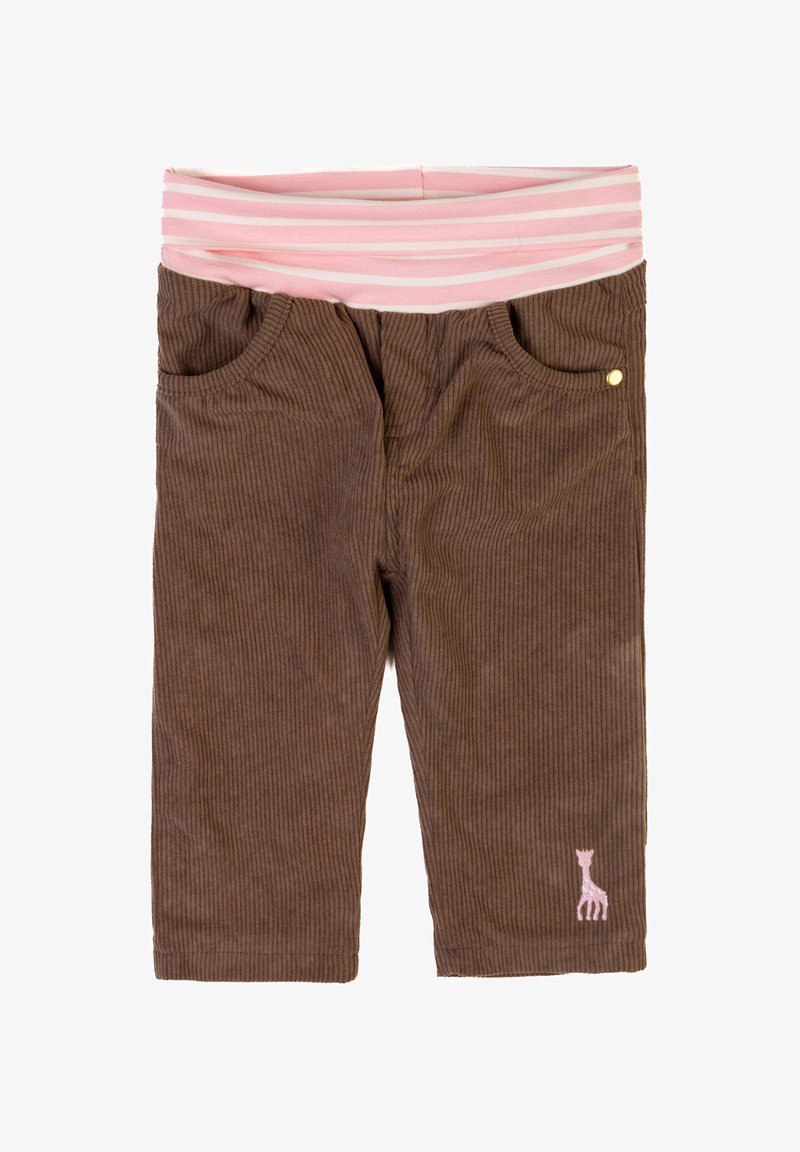 Pantaloni in velluto a coste marroni con una cintura elastica a righe rosa e bianche, dotati di due tasche frontali e un logo di giraffa rosa sulla gamba sinistra.
