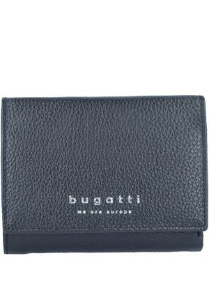 Navy blue leather wallet with a textured finish, featuring a silver logo, folded design, and compact shape.