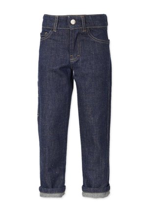 Mørkeblå denimjeans med lige snit, udstyret med forlommer, knaplukning og opliggende manchetter for ekstra detaljer.