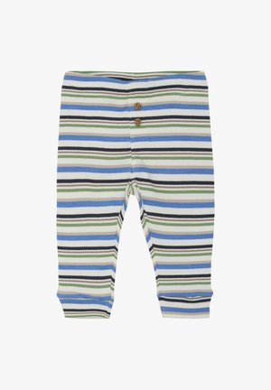 Gestreepte kinderbroek van zacht ribstof, met horizontale strepen in blauw, groen, zwart en wit, en twee houten knopen bij de taille.