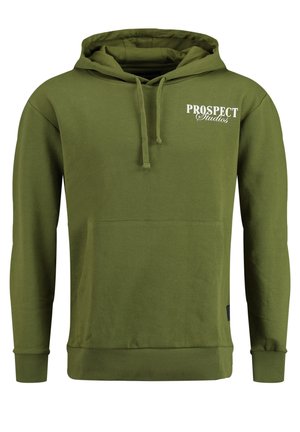 Sudadera verde oliva con bolsillo frontal, capucha con cordón y texto blanco "PROSPECT Studios" en el pecho. Fabricada con tejido suave.