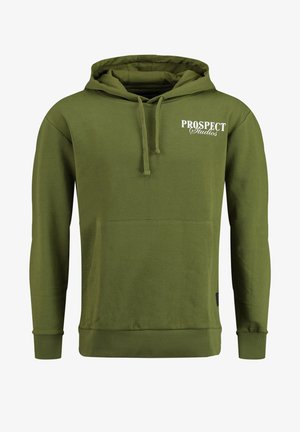 Sudadera verde oliva con bolsillo frontal, capucha con cordón y texto blanco "PROSPECT Studios" en el pecho. Fabricada con tejido suave.