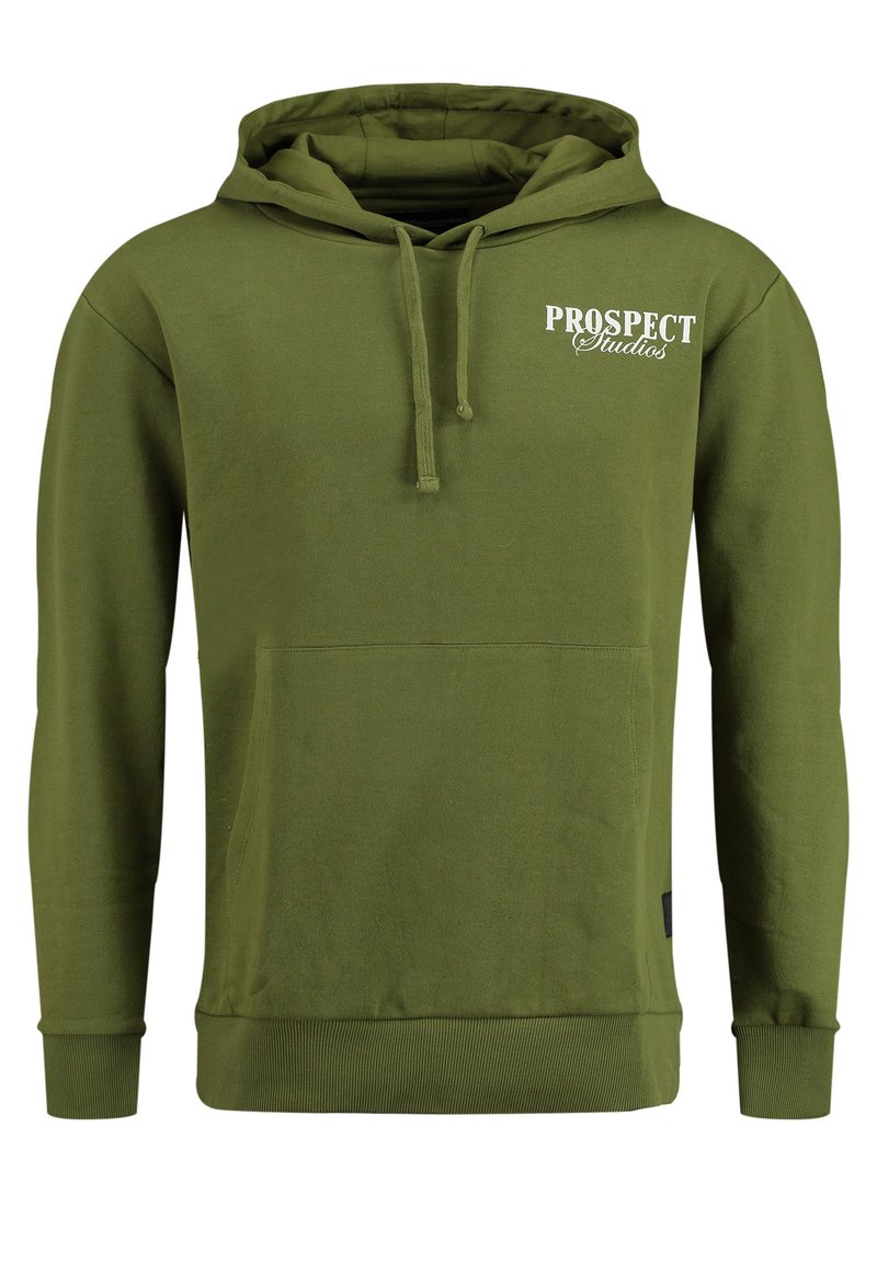 Felpa verde oliva con tasca frontale, cappuccio con cordini e testo bianco "PROSPECT Studios" sul petto. Realizzata in morbido tessuto.
